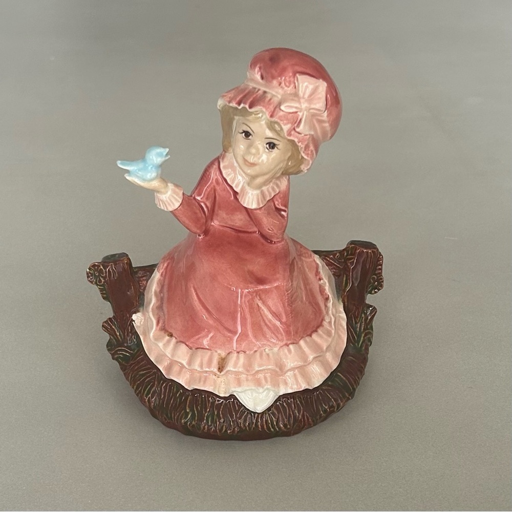 Byron Vintage Figurine with Pink Dress and Blue Bird